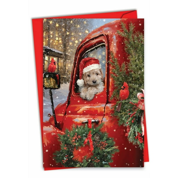 1 Christmas Card with Envelope - Red Truck Puppies C3375EXSG