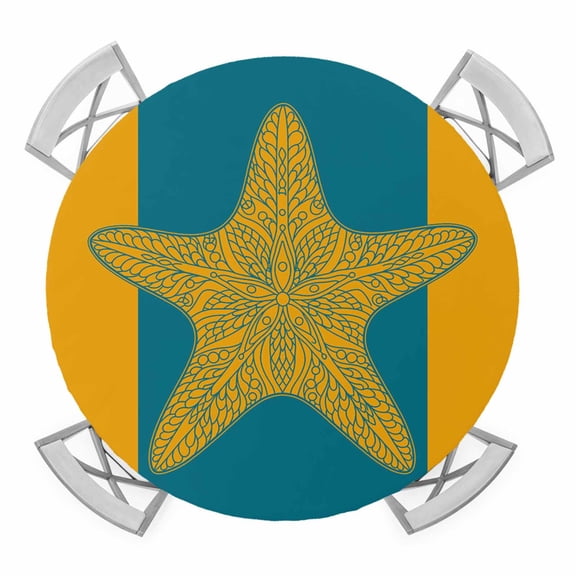 Orange Yellow Blue Starfish Round Fitted Tablecloth with Elastic Edge, Waterproof Table Cloth Table Cover for 55"-60" Tables, Summer Beach Coastal Modern Tablecloths for Dining Picnic Indoor Outdoor
