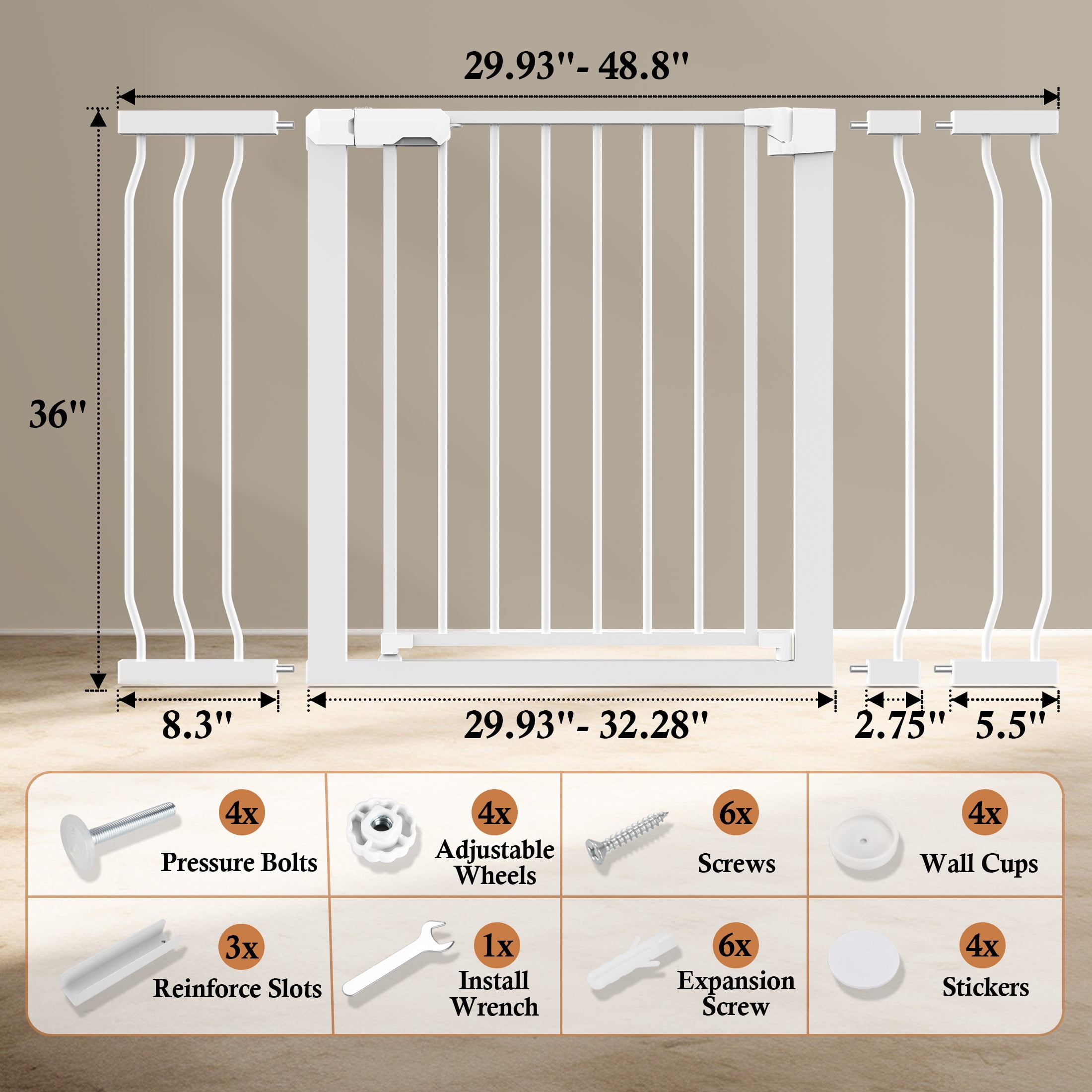 Vomeast 36in Extra Tall Baby Safety Gate,29.93- 48.8in Extra Wide Metal Dog Gates for Stair and Doorways,Pressure Mounted,White