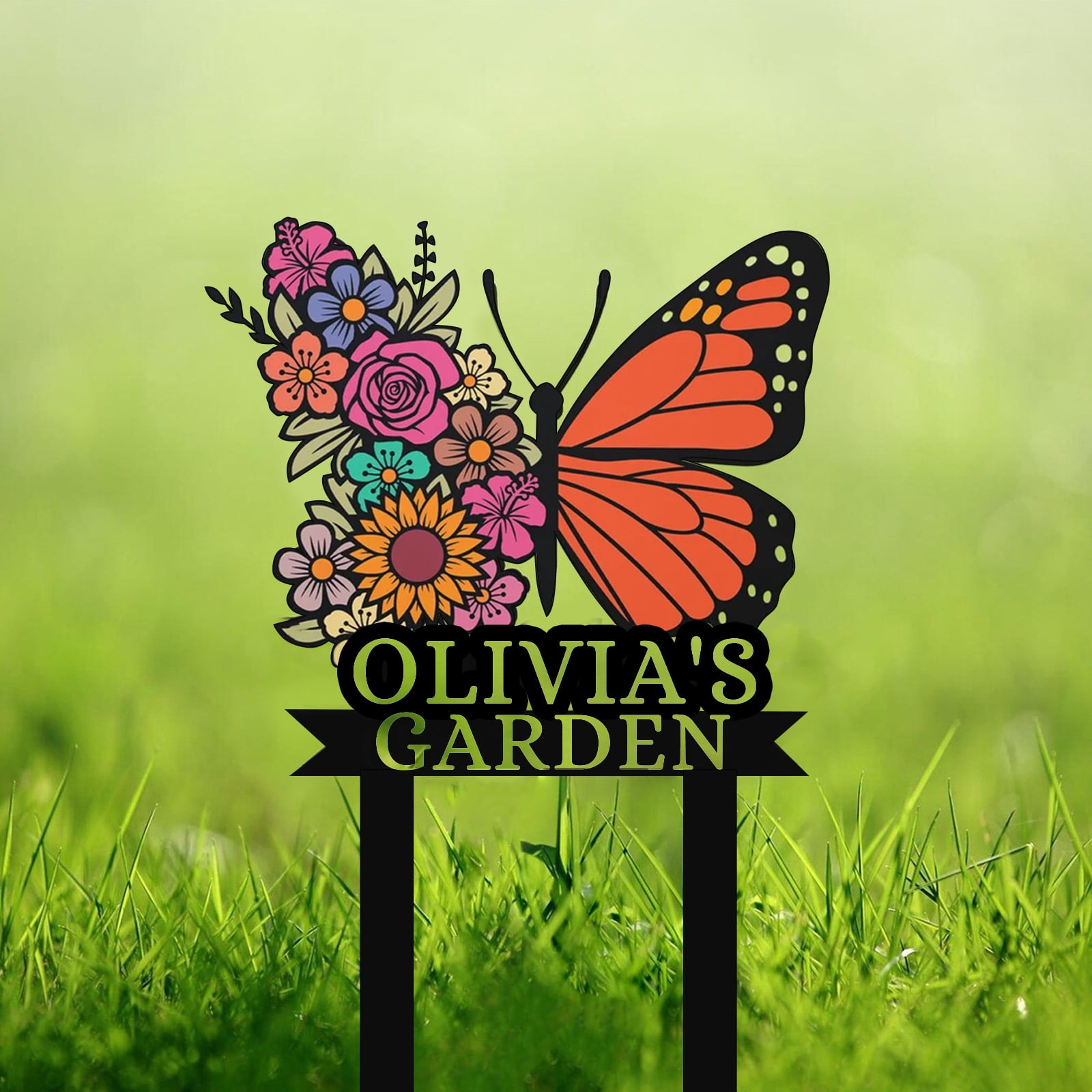 Personalized Garden Signs, Custom Metal Colorful Butterfly Garden Sign for Outside, Butterfly Garden Stake Metal Sign Garden Name Sign, Garden Decor Sign Yard Sign with Stakes(16inches-Nonporous)