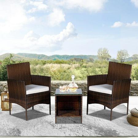 3 Piece Patio Sets Clearance Wicker Patio Furniture w/ 2 Single Wicker Chair Glass Top Conversation Table and 2 Soft Cushions Outdoor Patio Chairs Set for Garden Backyard Balcony Beige U142