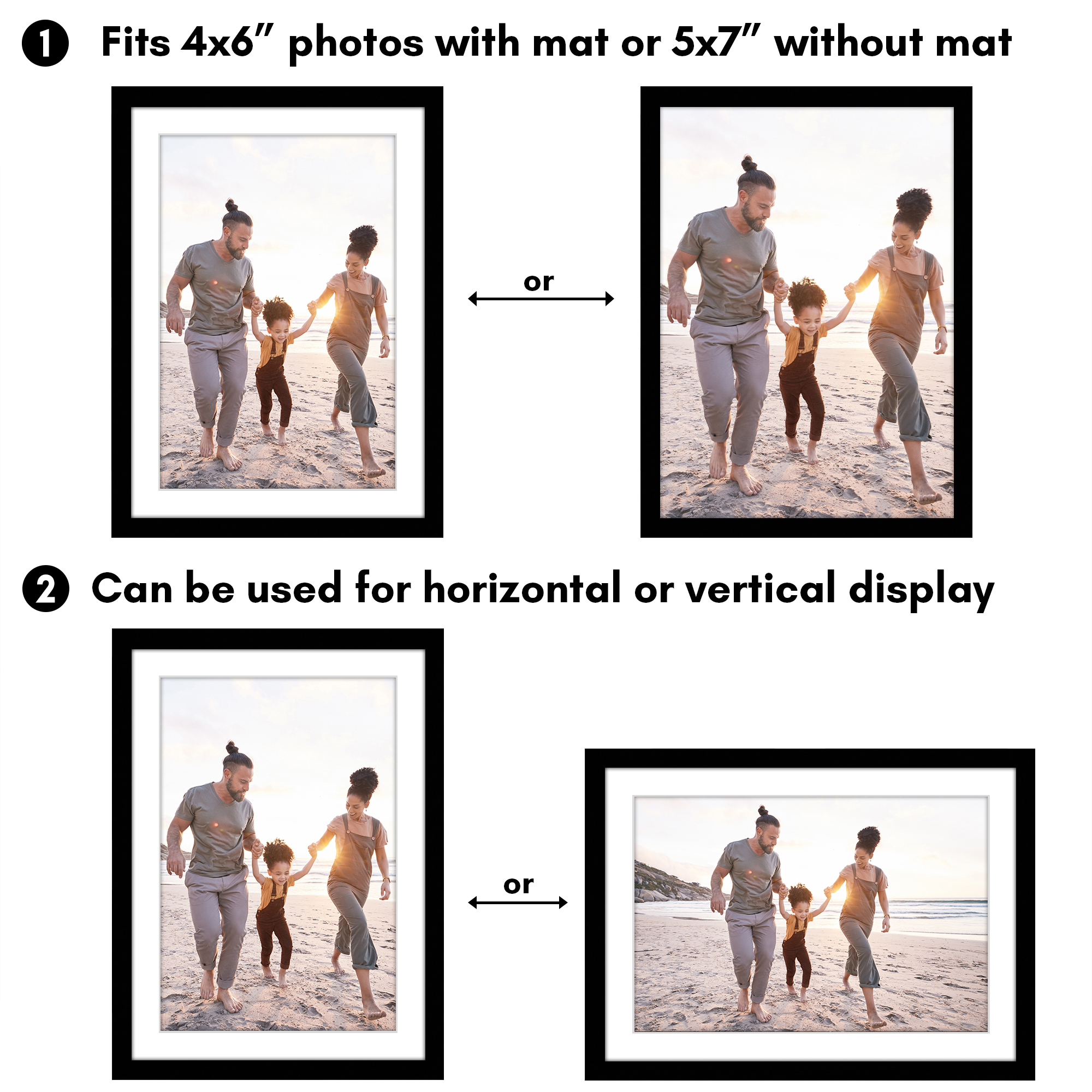Americanflat 5x7 Picture Frame with 4x6 Mat Shatter-Resistant Glass 2 Pack Streamline Collection Thin Border - Black