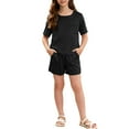 thumbnail image 2 of BRGZLK Girls Slik Homewear Unisex Solid Color Short Sleeve Round Neck Top Short Pants Home Clothing Two Pieces Set for Flora Party Black 11-12 Years, 2 of 5