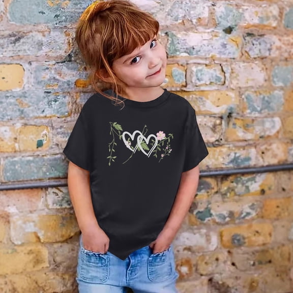 Girls T shirts Short Sleeve Crewneck Cartoon Heart Print Graphic Tees Summer Loose Casual Cute T-Shirts for Girls Size 2-3Y