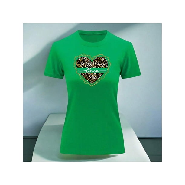 Playera Blusa Con Impresion De Corazon Love Animal Print Color Verde Talla Grande Marca Emil SaEs