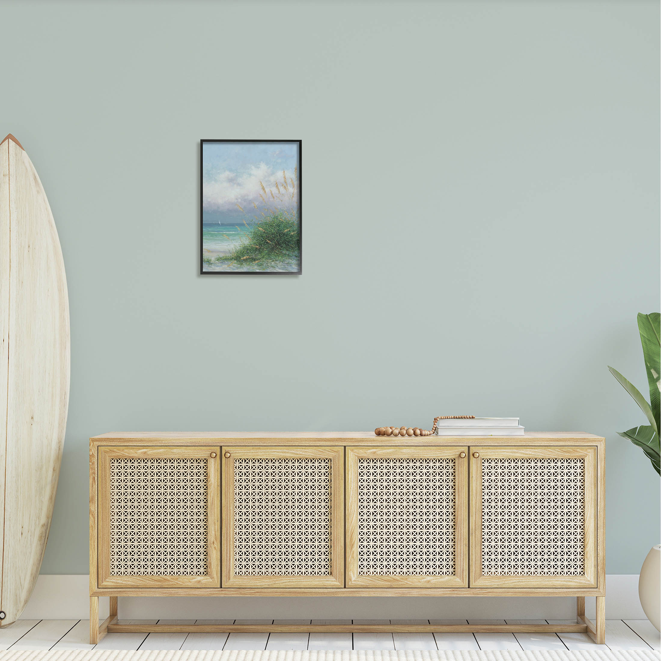Ocean Waves Beach Reeds Coastal Painting Black Framed Art Print Wall Art