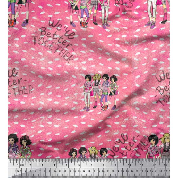Soimoi Orange Poly Georgette Fabric Text & Women Group Print Fabric by the Yard 42 Inch Wide