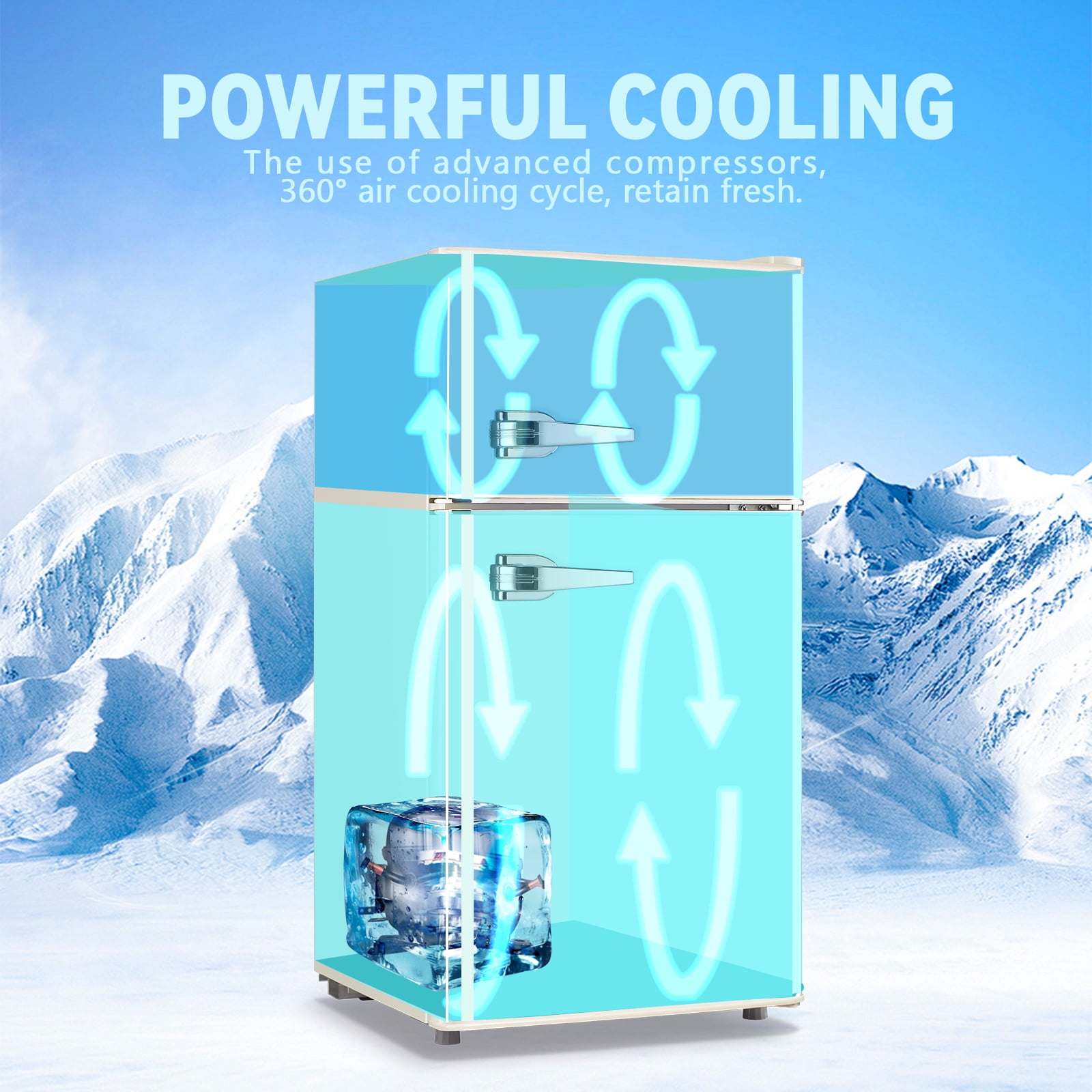 TACOOL Small Refrigerator with Freezer Retro Mini Fridge with Removable Shelves LED Light for Apartment 3.4Cu.Ft White