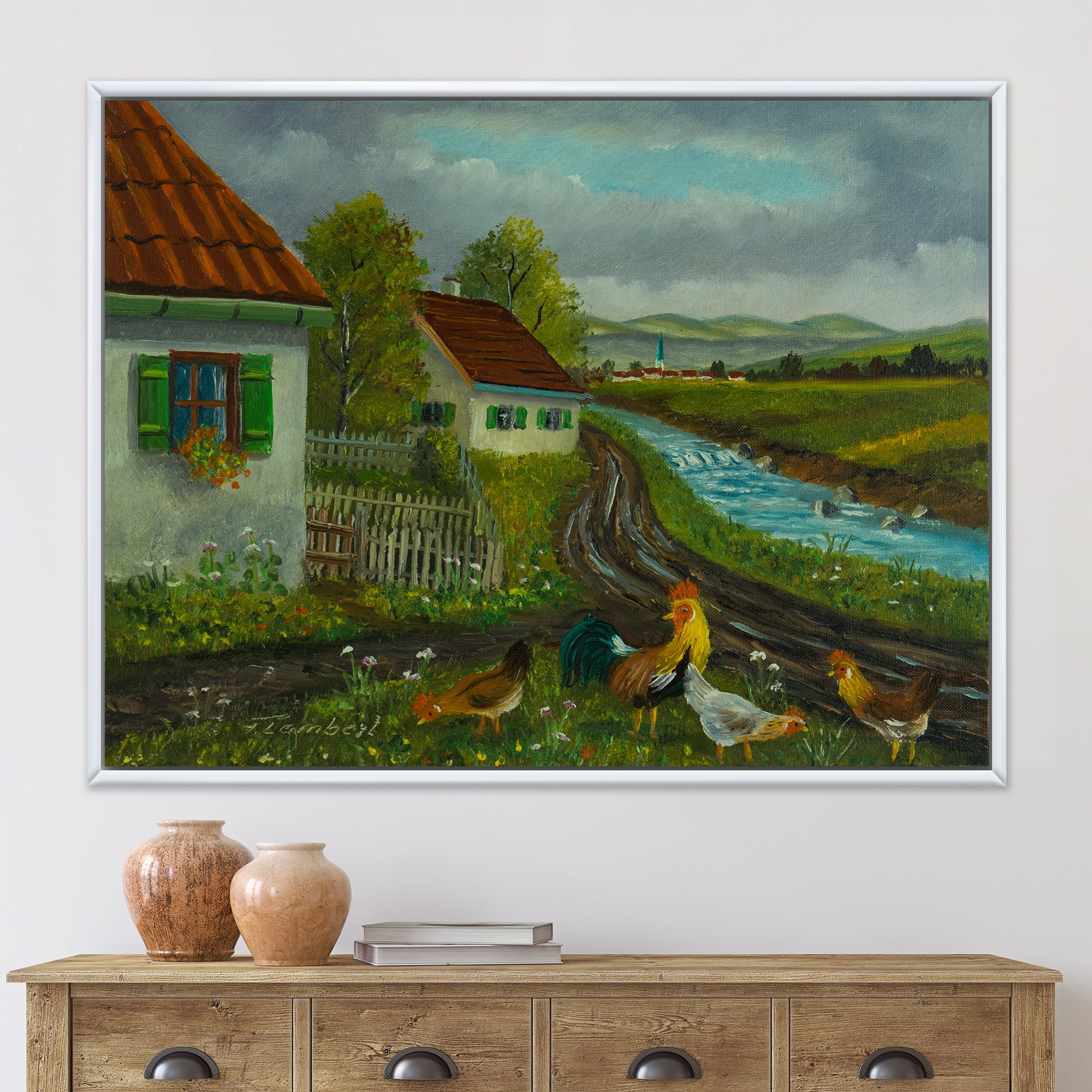 A Cock and Three Chickens In A Meadow With Flowers 32 in x 16 in Framed Painting Canvas Art Print, by Designart