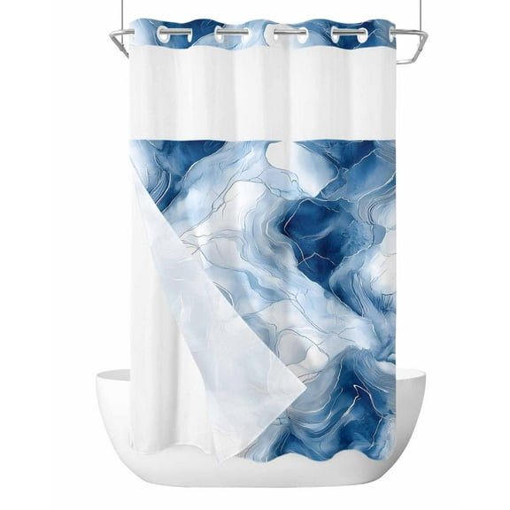 No Hook Shower Curtains with Snap in Liner, White Blue Abstract Waterproof Fabric Shower Curtain, Modern Artwork Double Layers & See-Through Top Window Bathroom Curtains 54''x78''