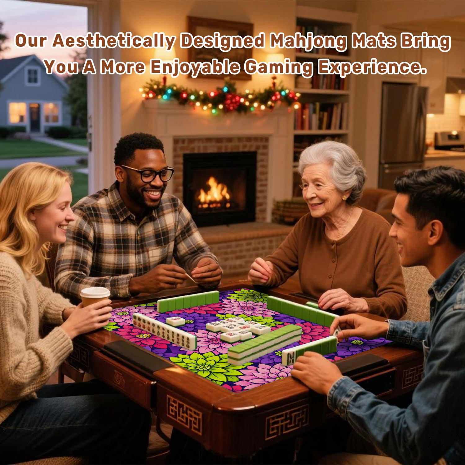 Mahjong Mat 31.5" x 31.5" Colorful Floral Bold Dahlia Flowers Pink Anti-Slip and Noise Reduction Symmetry Design Mahjong Tiles Table Cover for Dominoes Poker Card Board and Tile Games