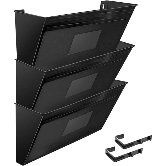 Acrimet Wall Mount Pocket File Organizer Holder Modular Letter Size A4 Plastic (Hangers Included) (Black Color) (3 Pack)
