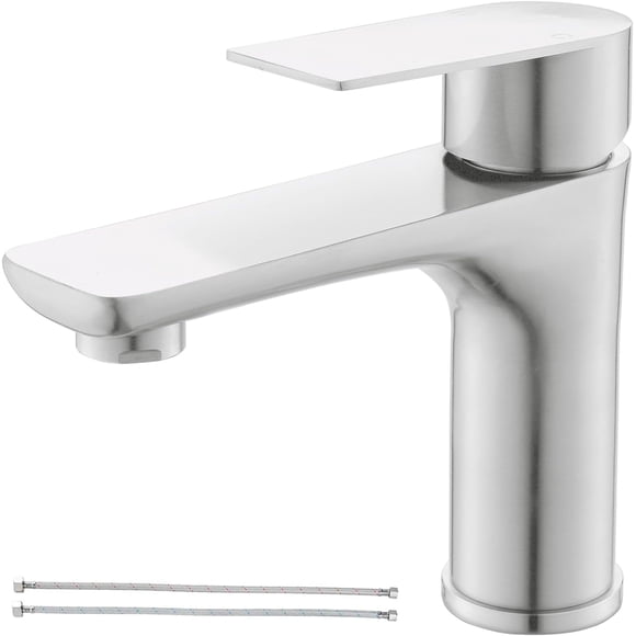 Robinet de Salle de Bain en Nickel Brossé, Robinet de Lavabo de Salle de Bain en Acier Inoxydable à une Poignée, Robinet de Salle de Bain à un Seul Trou, Robinet de Salle de Bain 1 Trou pour VR, Caravane, Ferme, Lavabo, Bar, Meuble-Lavabo