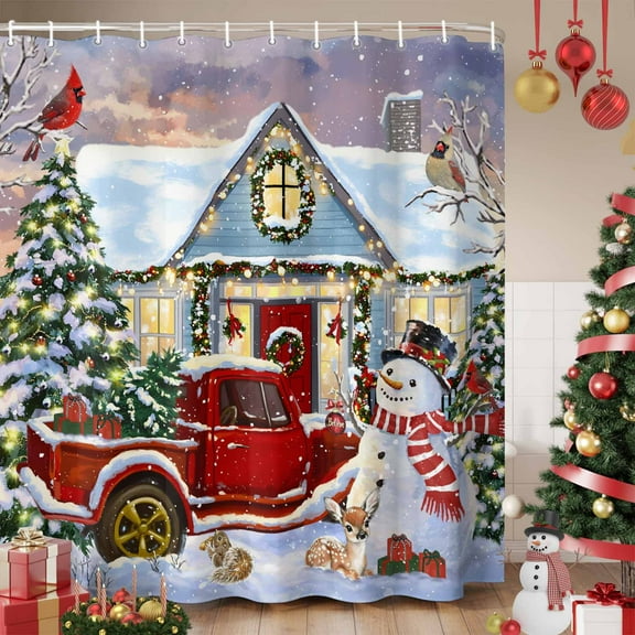 Christmas Shower Curtain, Farmhouse Xmas Snowman Truck Tree Waterproof Fabric Shower Curtains with 12 Hooks, Bathroom Curtain Set for Bathroom Accessories Decor, 36 x 78 Inches