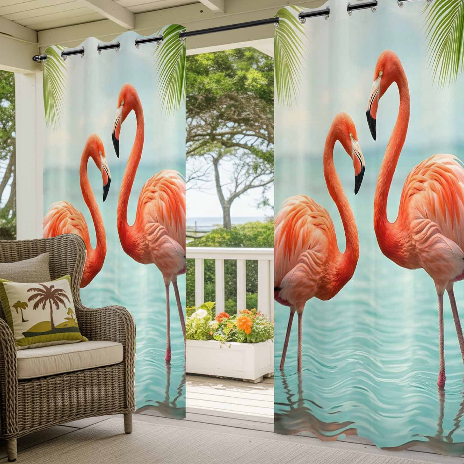 Pink Flamingo Outdoor Curtains for Patio, Animal Tropical Palm Tree Blue Lake Surface Sunshade Privacy Drapes Grommet Waterproof Outside Curtains for Porch/Cabana/Balcony 54"x 108", 1 Panel