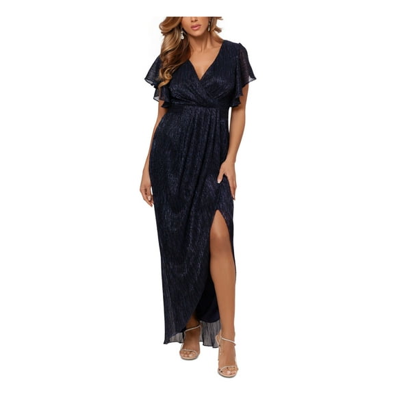 BETSY & ADAM Womens Navy Pleated Zippered High Slit Tulip-skirt Lined Flutter Sleeve V Neck Full-Length Formal Faux Wrap Dress 4