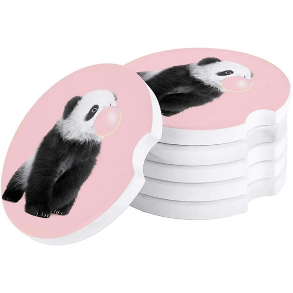 FMSHPON Panda Blowing Bubbles Pink Set of 4 Car Coaster for Drinks, Absorbent Ceramic Stone Coasters Cup Mat with Cork Base for Home Kitchen Room Coffee Table Bar Decor