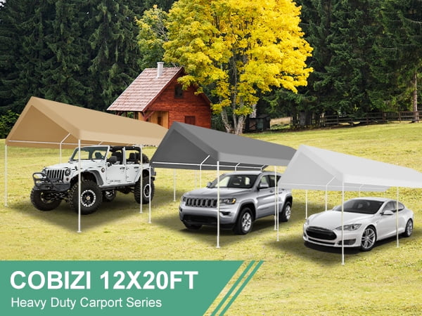 COBIZI 12x20ft Carport Heavy Duty, Portable Car Garage with Built-in Sandbags, Waterproof Car Canopy for Truck, Boat, SUV with All-season Tarp, Khaki