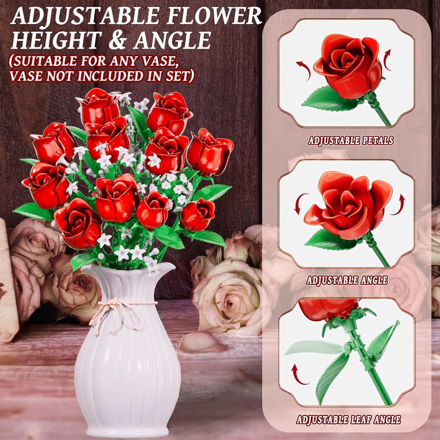 OKKIDY Red Rose Flowers Bouquet Building Kit, Compatible with Lego, 15 ABS Material Artificial Flowers, Forever Rose Toy Valentine's Day Gift for Women Girls Adults Kids 6+, No Vase