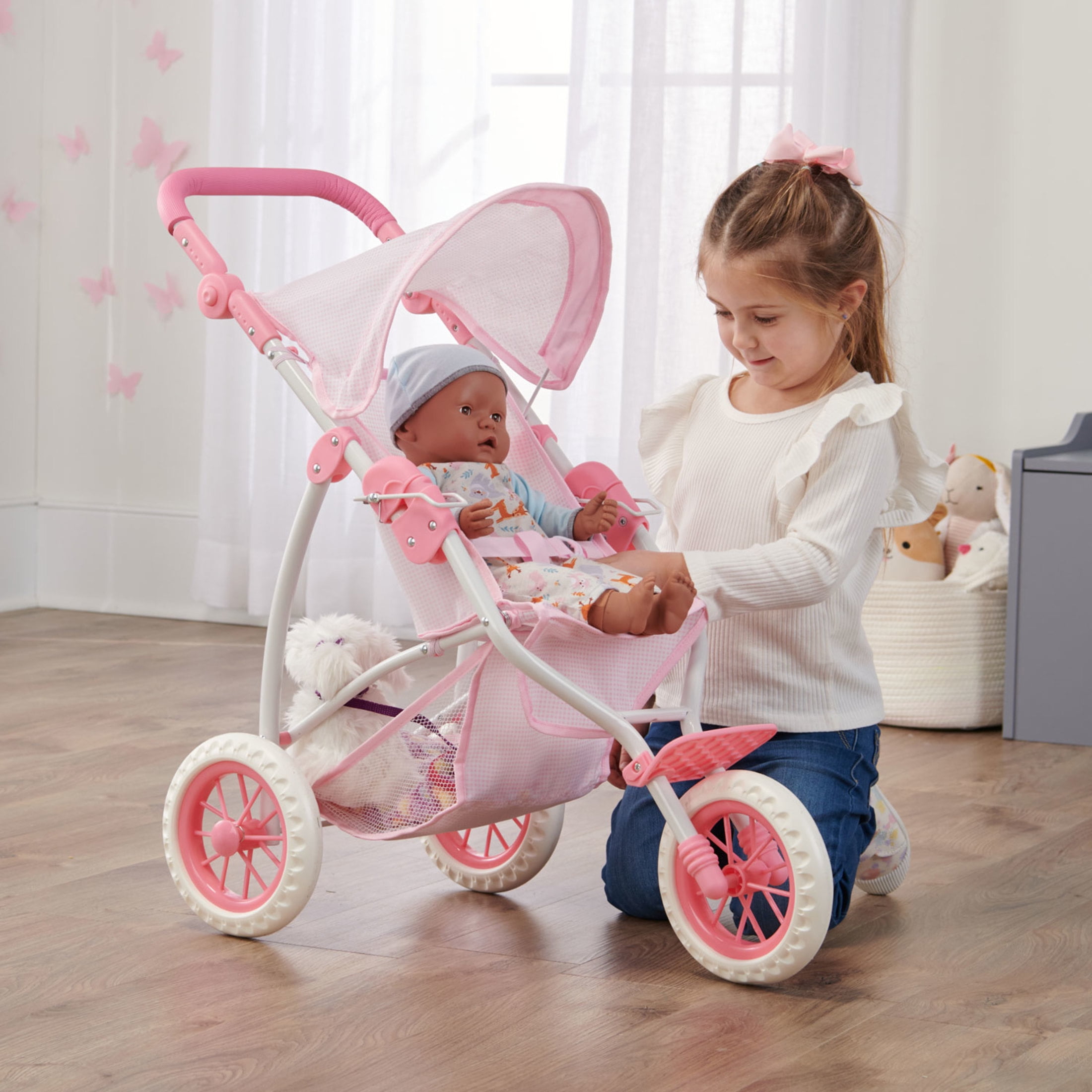 Folding Three Wheel Doll Jogging Stroller - Pink/Gingham