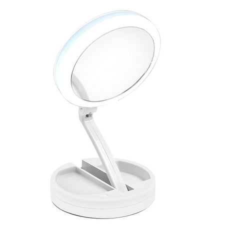 1X/10X Foldaway Makeup Mirror, Portable Cordless Compact Double Sided Magnification Daylight LED Light Makeup Mirror Adjustable Stand Illuminated Cosmetic Folding Mirror for Travel Bathroom Table