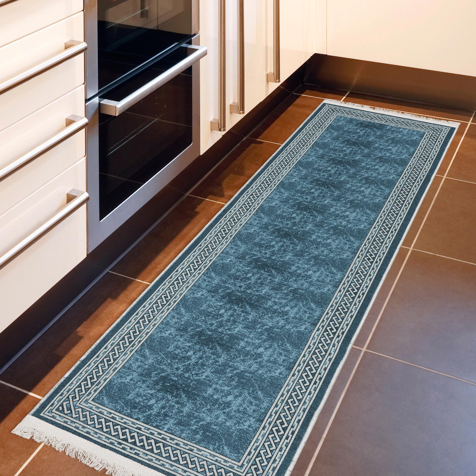 Ottomanson Machine Washable Cotton 2x5 Flatweave Runner Rug for Bedroom, 20" x 59", Blue Border