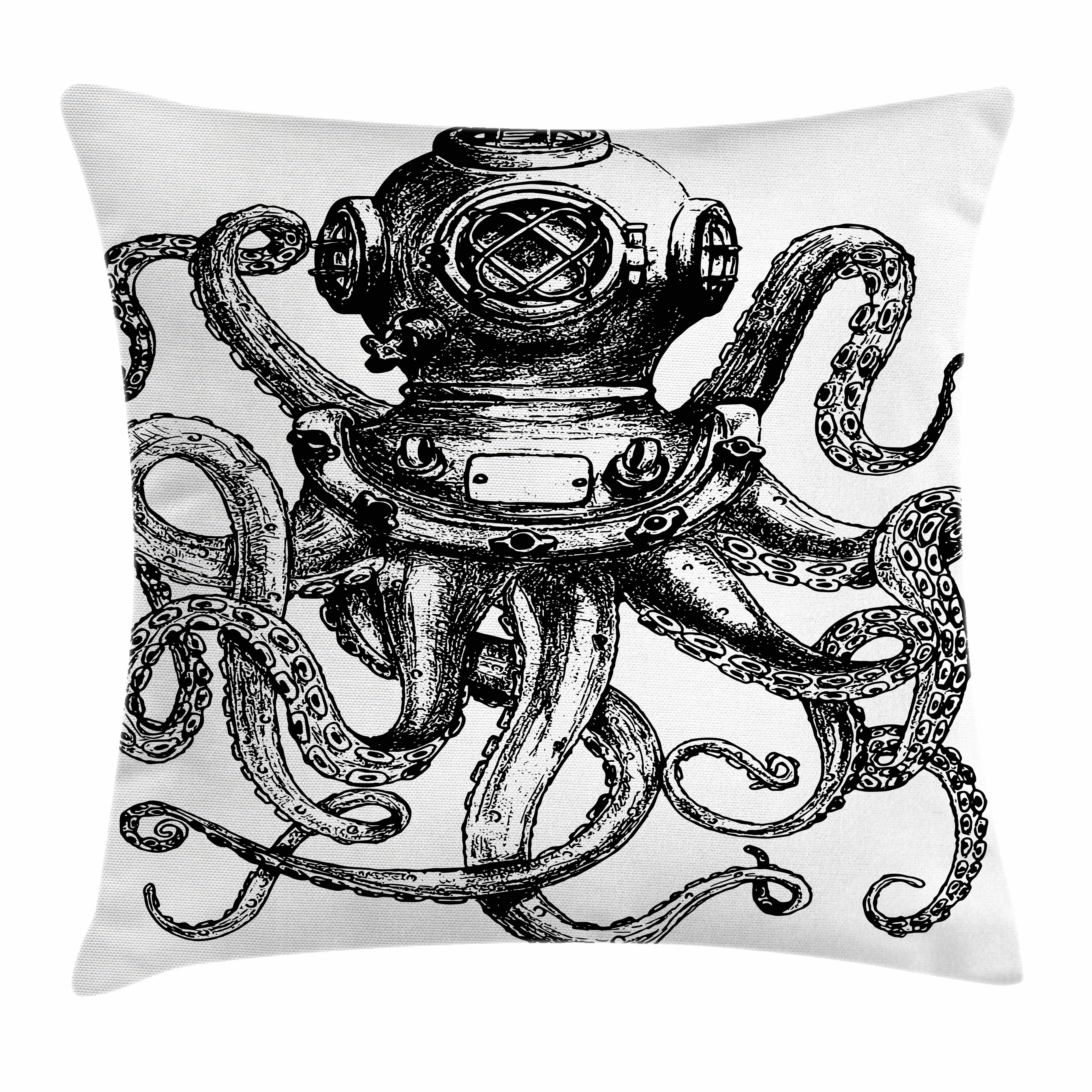 Octopus Throw Pillow Cushion Cover, Vintage Style Diver Helmet with
