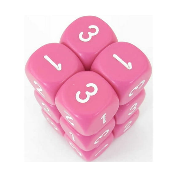 Pink Opaque Dice with White Numbers D3 (d6 1-3 Twice) 16mm (5/8in) Pack of 12 Wondertrail
