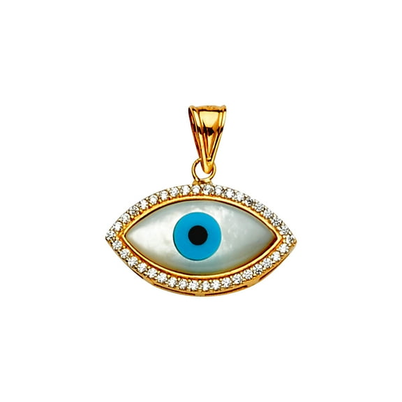 14k Gold Mop Cubic Zirconia Evil Eye Pendant Necklace 20x20mm Pendant for Women - 1.9 Grams