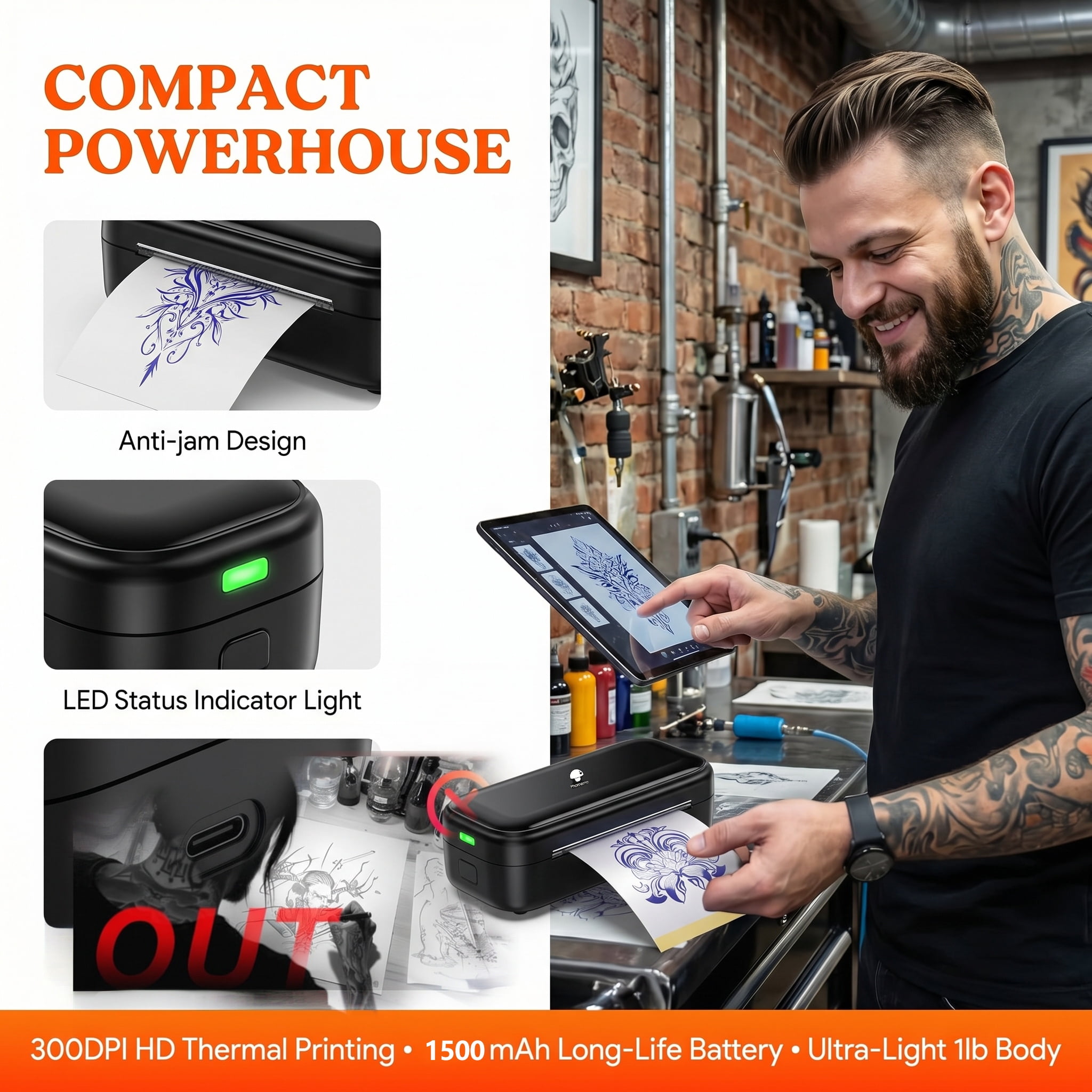 Phomemo TP31 Template Printer, Mini Tattoo Printer With 130 Transfer Sheets Included, Wireless Printing Device, Ideal For Tattoo Beginners And Professional Artists, 203 DPI（Black）