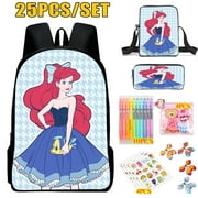 The Little Mermaid Students Backpack Popular Practical Anime Ariel Shoulder School Book Bag with Pencil Case 25Pcs/Set for Kids Boys Girls for School, Sports and Travel
