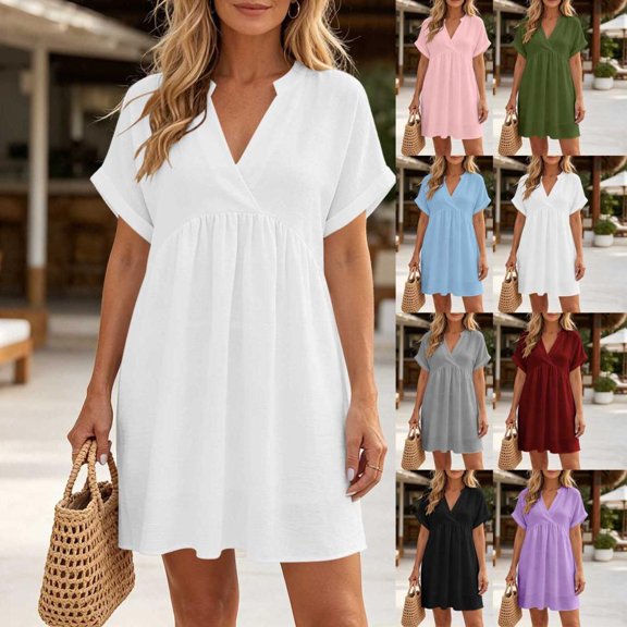 Bxsruta Womens Summer Dress Casual V Neck Short Sleeve Pleated Flowy Mini Dresses