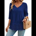 thumbnail image 1 of Camiseta de Verano con Cuello en V, 3/4, Estilo Retro, y con Bordado de Patchwork de Encaje Vintage para Mujer. Azul L, 1 of 10