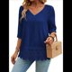 thumbnail image 1 of Camiseta de Verano con Cuello en V, 3/4, Estilo Retro, y con Bordado de Patchwork de Encaje Vintage para Mujer. Azul L, 1 of 10