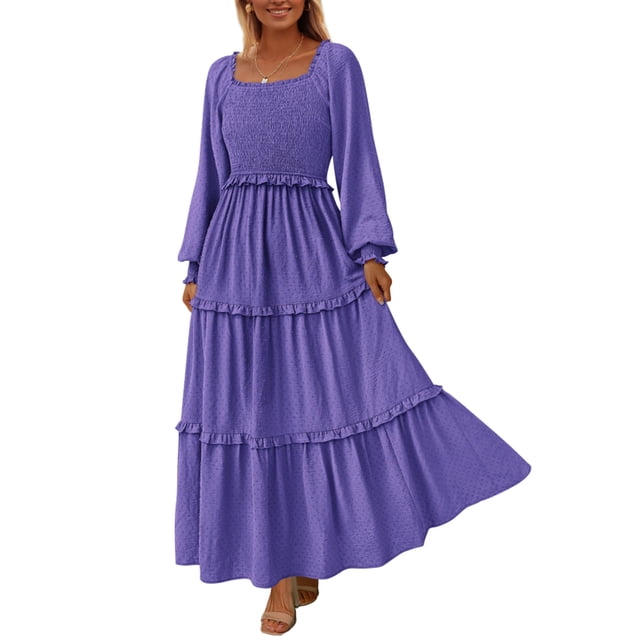 Vestido PRETTYGARDEN 2025 Maxi con Mangas Largas y Fruncido Morado Talla M