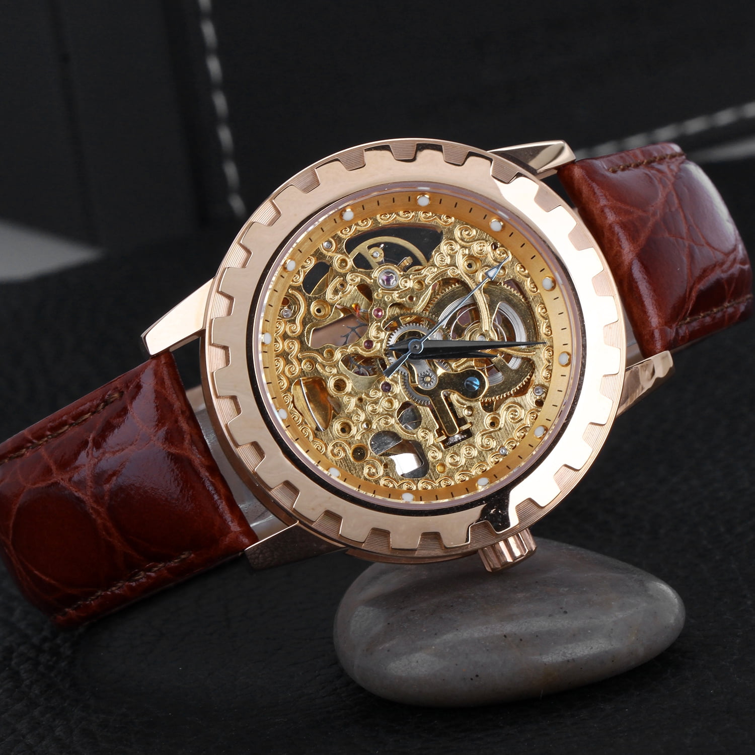 BERNY Automatic Watches for Men, Luxury Skeleton Mechanical Watch Self Winding Carved, Exhibition Caseback, Luminous, 5ATM Waterproof, Stainless Steel, Vintage Men's Leather Watch (Rose Gold)