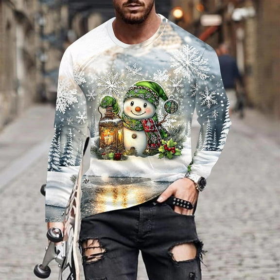 KeShDi Christmas Mens Sweatshirt Men Casual Round Neck Long Sleeve Pullover Christmas Printed T-Shirt Blouse Tops Army Green 4X