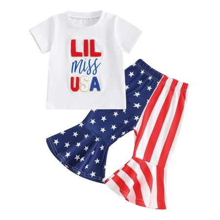 

Mevireiy Baby Girls 4th of July Outfit Short Sleeve T-Shirt American Flag Flared Pants