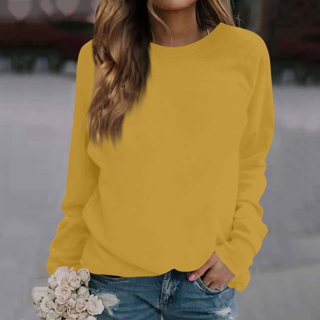 Kagetolytai Chandails pour Femmes Mode Décontractée Unie Manches Longues Col Rond Chandail Haut Blouse Chandails à Capuchon pour Femmes Jaune TG