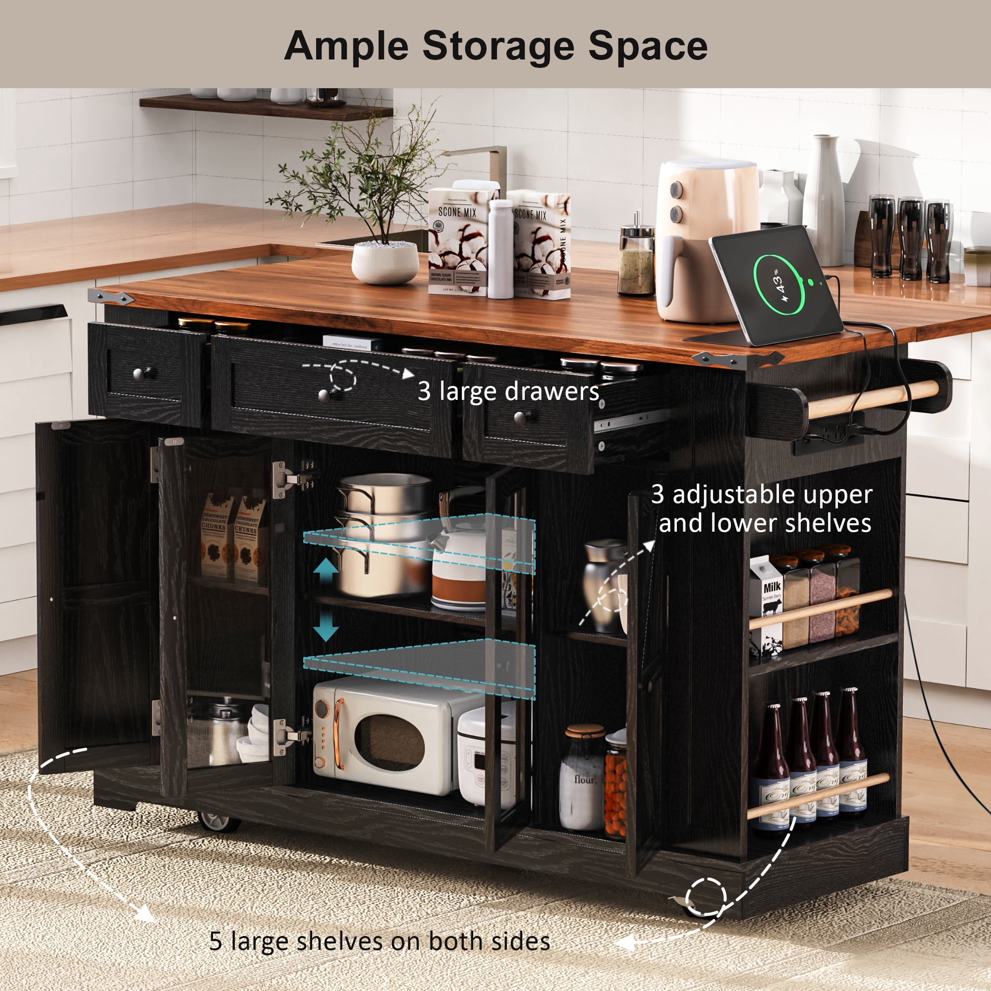 53" Farmhouse Kitchen Island with Tempered Glass Doors, Power Outlets, Drop-Leaf Tabletop, 5 Open Side Shelves & 3 Drawers, Rolling Kitchen Cart for Dining Room, Black