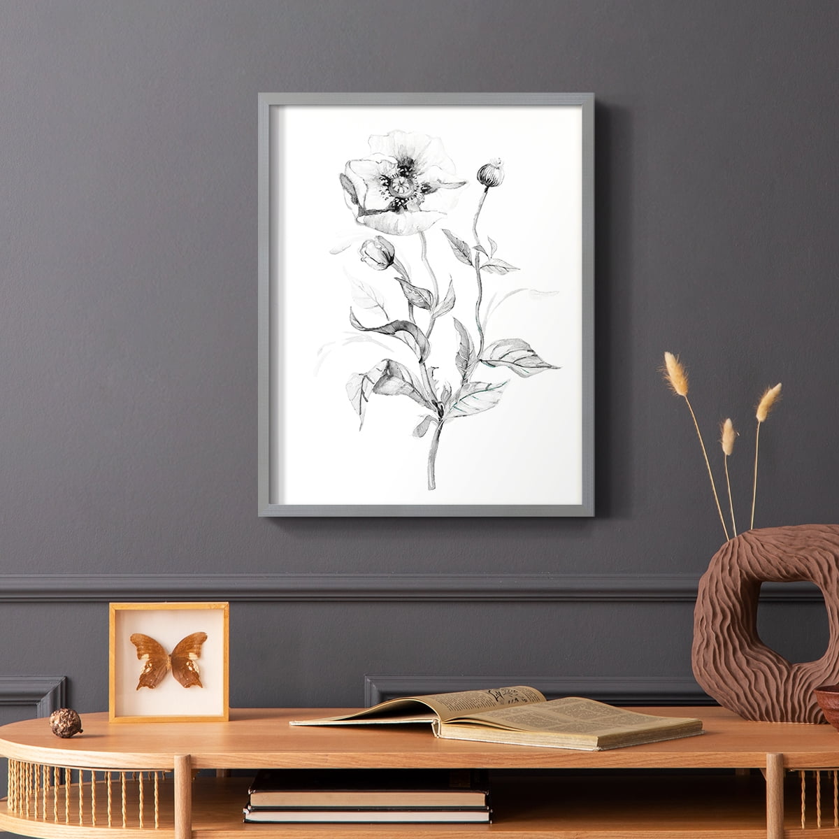 Wild Poppy Sketch Framed Print in Gray Solid Wood 22 x 28 Framed Print