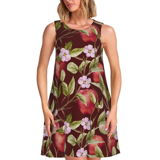 Fotbe Leaf And Fruit Vestido de Verano sin Mangas para Mujer – Vestido Midi Línea A, Estilo Camiseta Floral, Vestido Playero Casual y Fluido