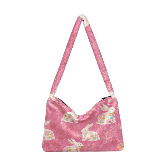DIXRUYEE Pattern Rabbit Pattern Print Plush Shoulder Bag Soft Faux Fluffy Hobo Tote Bag With Zipper Closure Casual Lightweight Crossbody Handbag