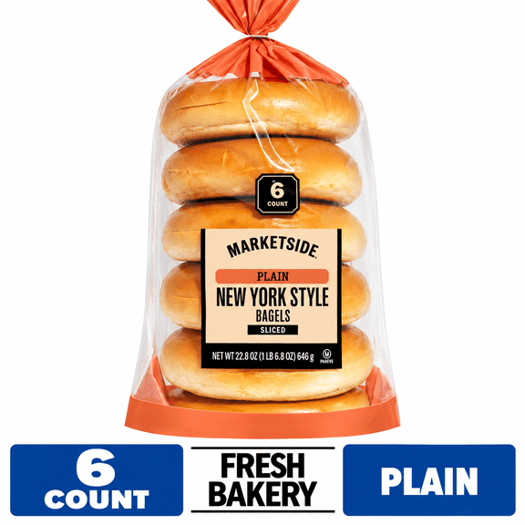 Marketside Fresh Pre-Sliced Plain Bagels, New York Style, 22.8oz, 6 Count