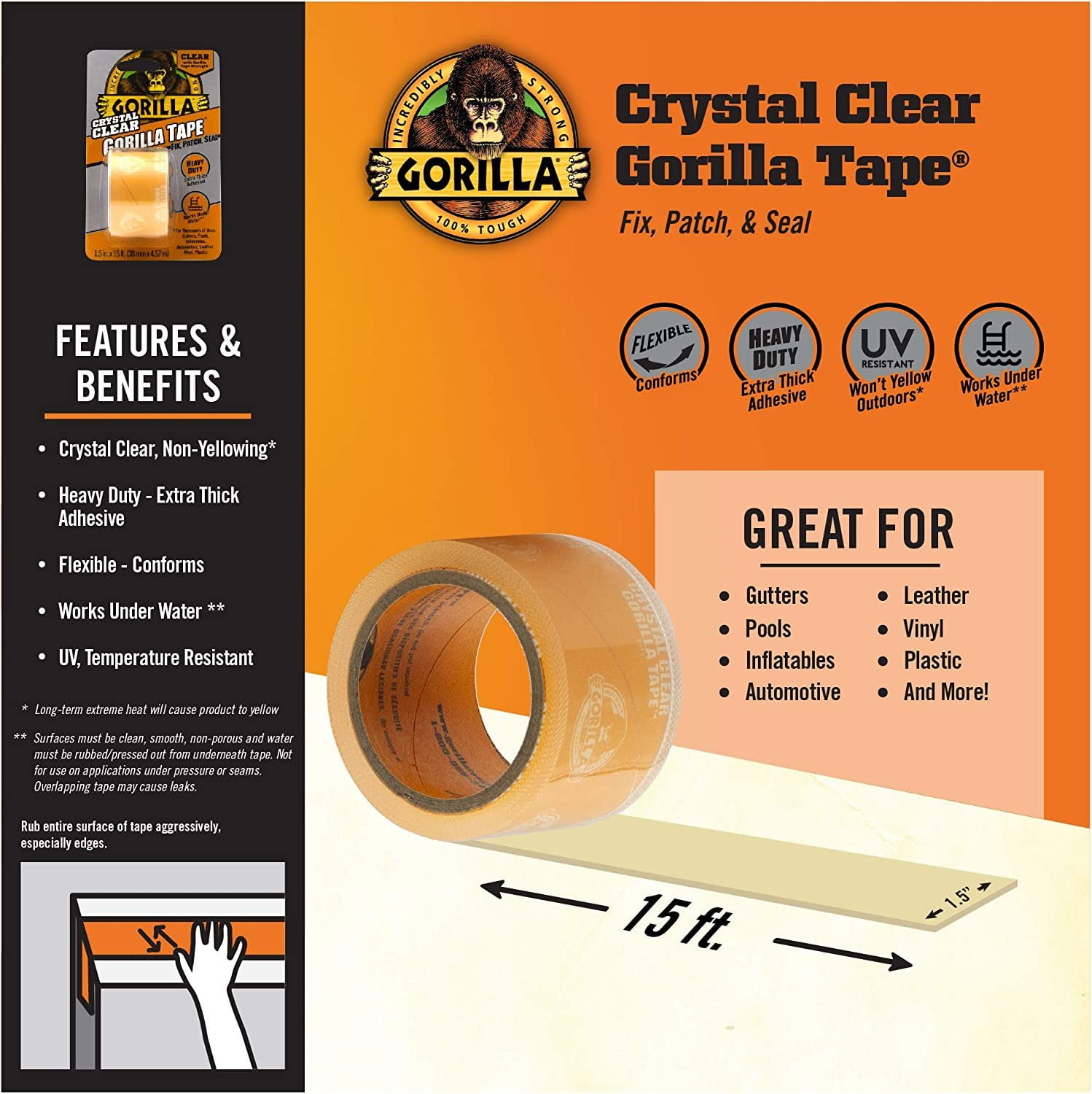 Gorilla Crystal Clear Repair Duct Tape, 1.88" x 5 yd, Clear, Pack of 5