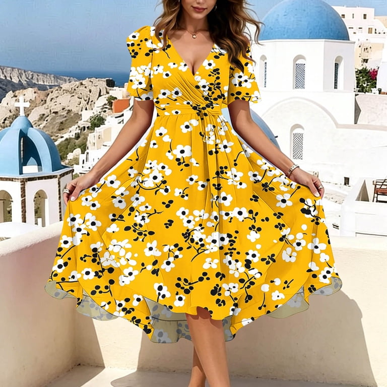 PWPSG Summer Dresses for Women Wrap V Neck Puff Short Sleeve Floral Print Tie Waist Hi Low Midi Dress Flowy Hem for Coastal Getaways Yellow XXL