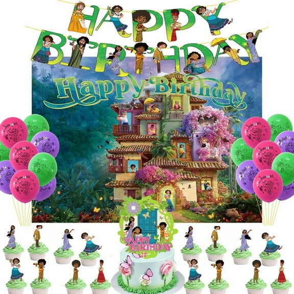 Birthday Party Supplies Set with Encanto Themed, Including Happy Birthday Banners,Background Flag,Cupcake Toppers, Balloons, Party Decor Kit.
