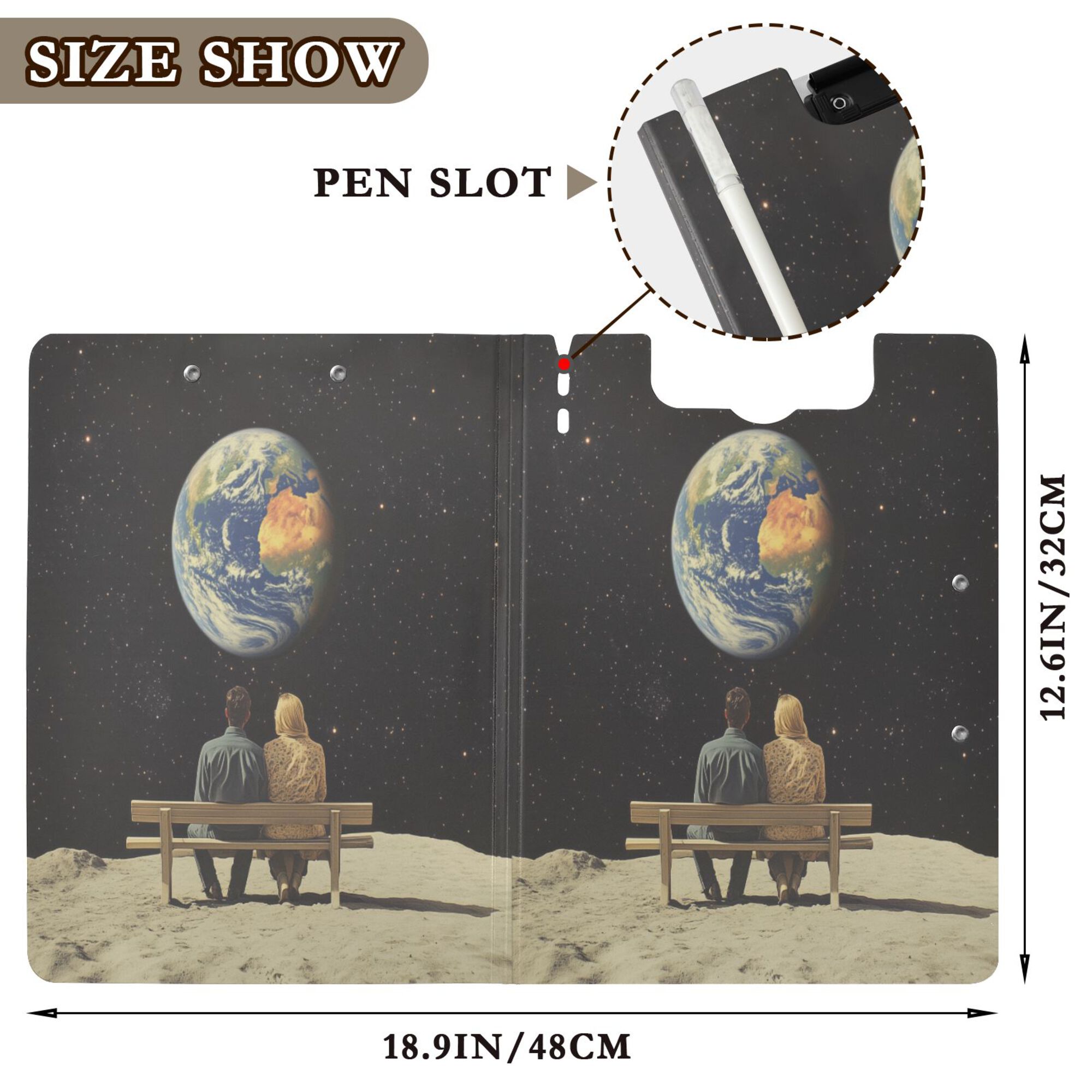 FORMRS A4 Clipboard Folder with Pen Holder Horizontal Foldable School Office Binder, Sitting on The Moon