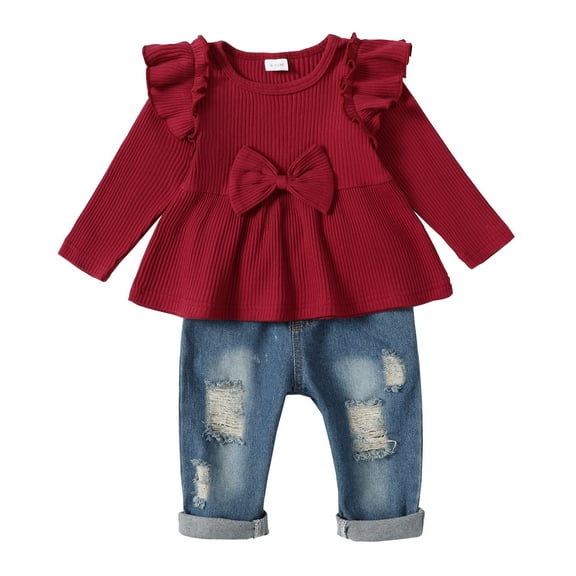 12 Months Baby Girls Clothes 18 Months Girls 2PCS Denim Outfits Set Solid Color Toddler Girls Long Sleeve Top Denim Pants Set Red