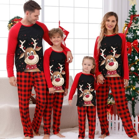

Gueuusu Matching Family Pajamas Sets Christmas PJ s Letter Tree/Cute Deer Top and Plaid Pants Jammies Sleepwear